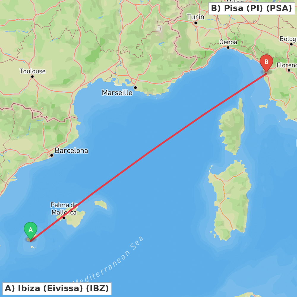 Flight route map from Ibiza (Eivissa) to Pisa (PI)