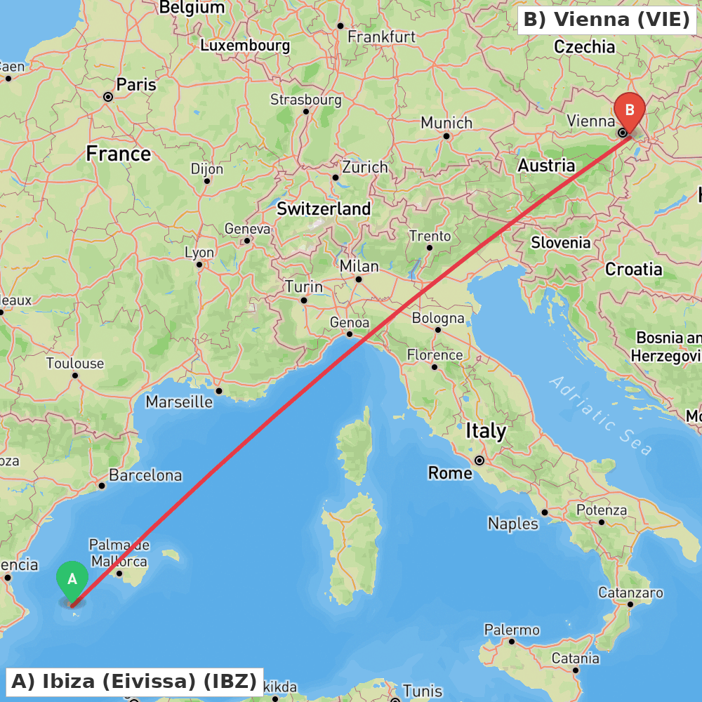 Flight route map from Ibiza (Eivissa) to Vienna