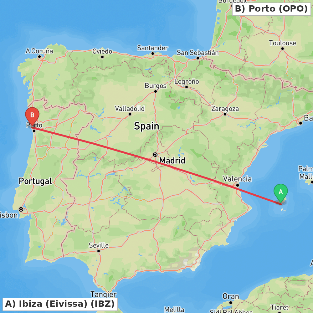 Flight route map from Ibiza (Eivissa) to Porto