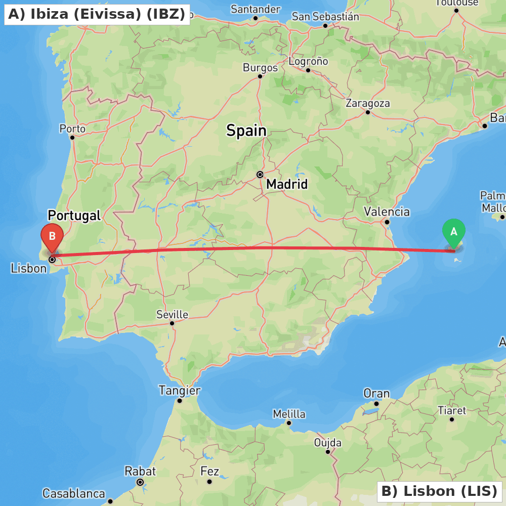 Flight route map from Ibiza (Eivissa) to Lisbon