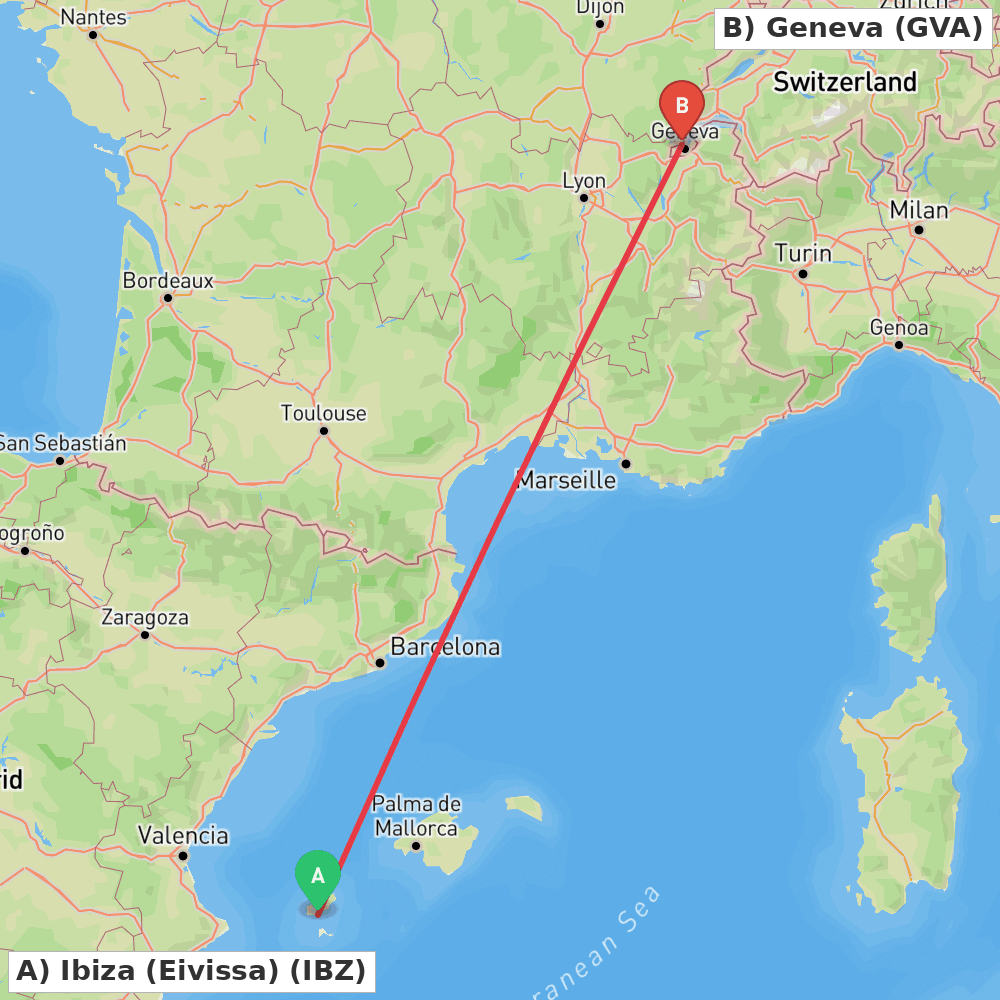 Flight route map from Ibiza (Eivissa) to Geneva