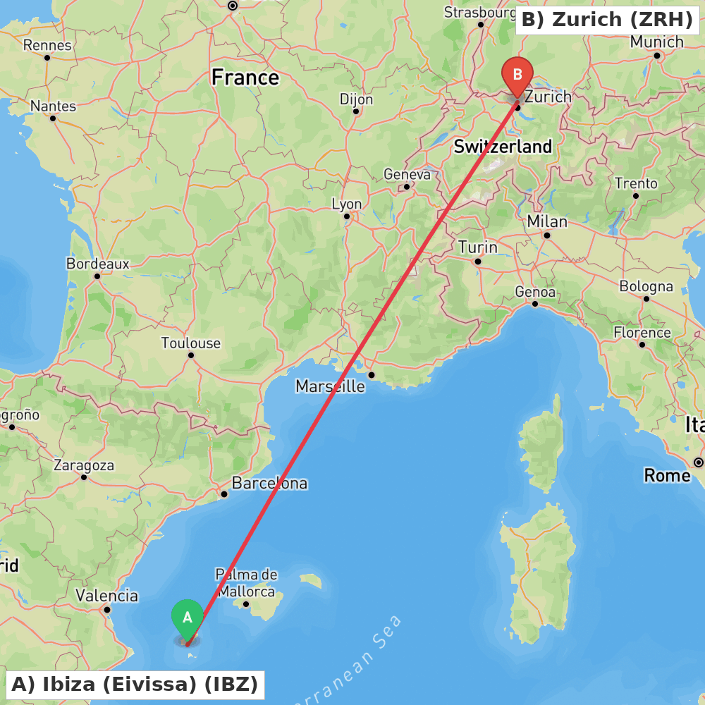 Flight route map from Ibiza (Eivissa) to Zurich