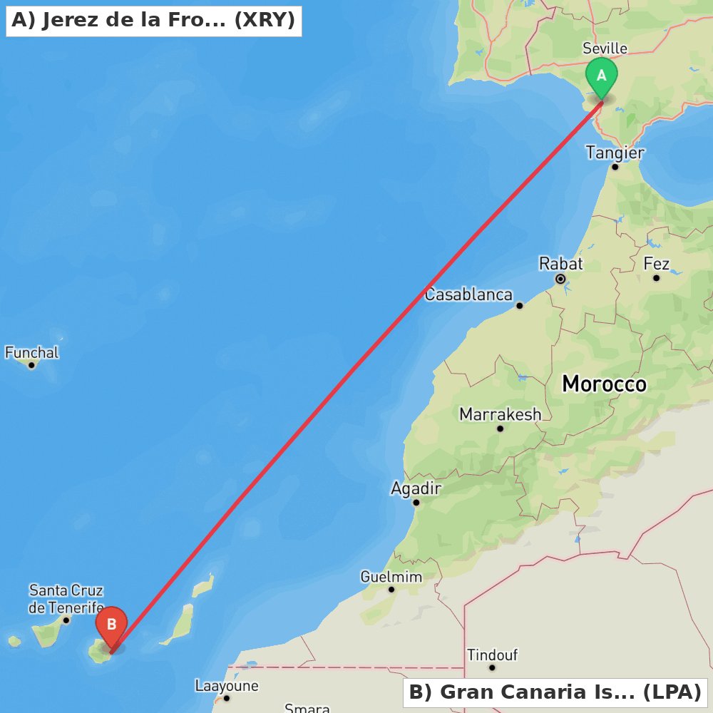 Flight route map from Jerez de la Frontera to Gran Canaria Island