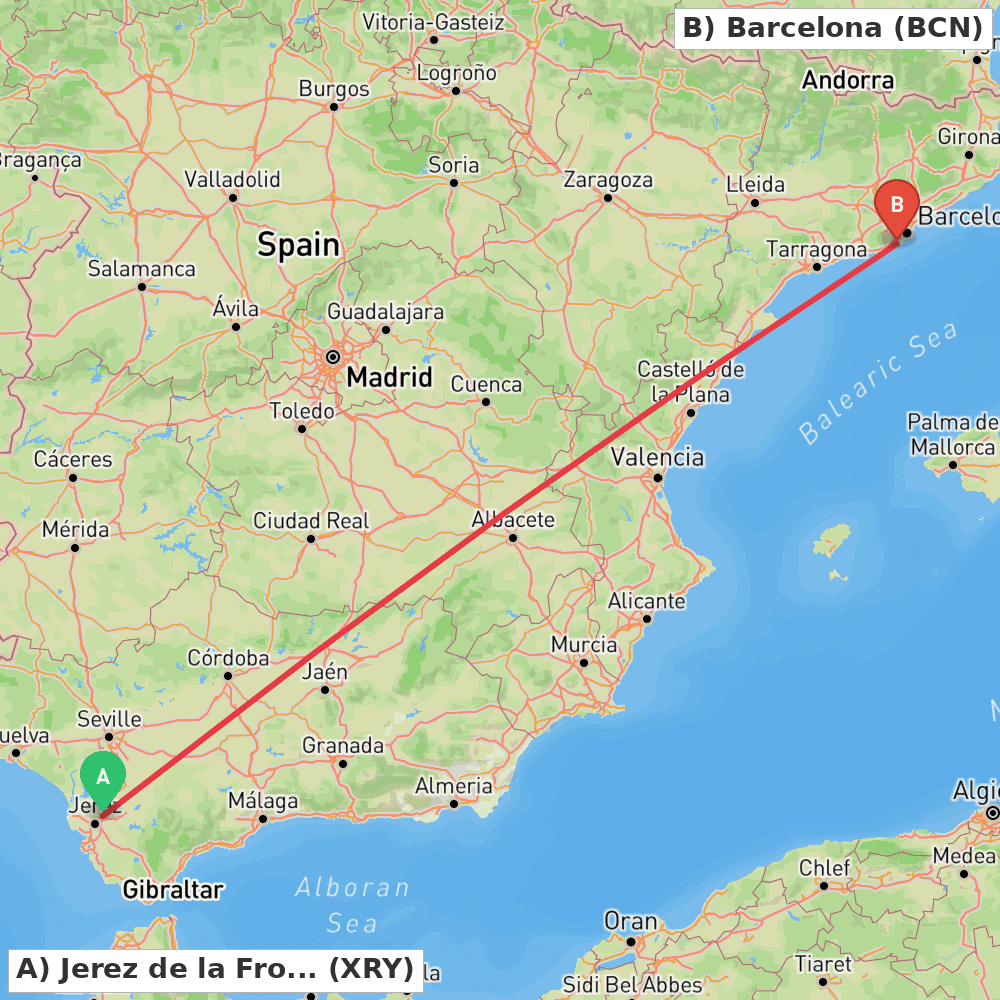 Flight route map from Jerez de la Frontera to Barcelona