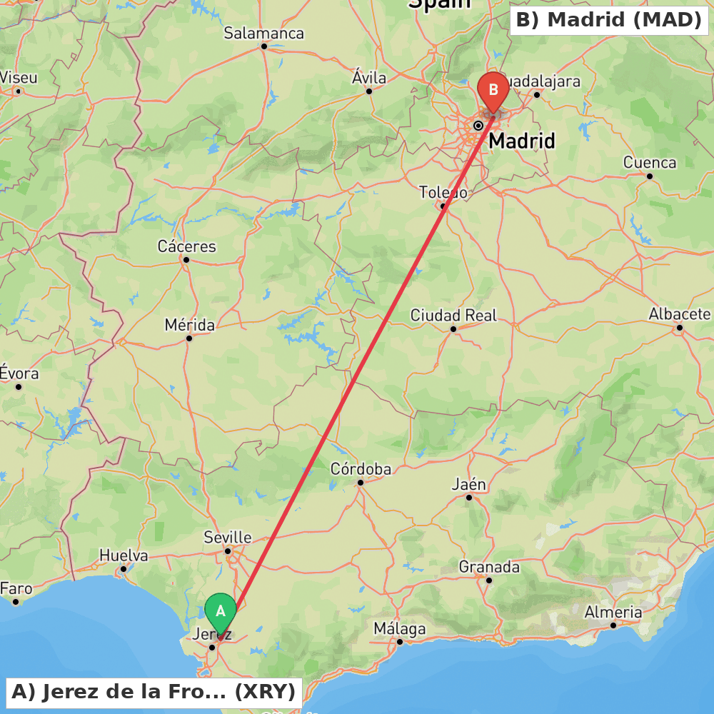 Flight route map from Jerez de la Frontera to Madrid