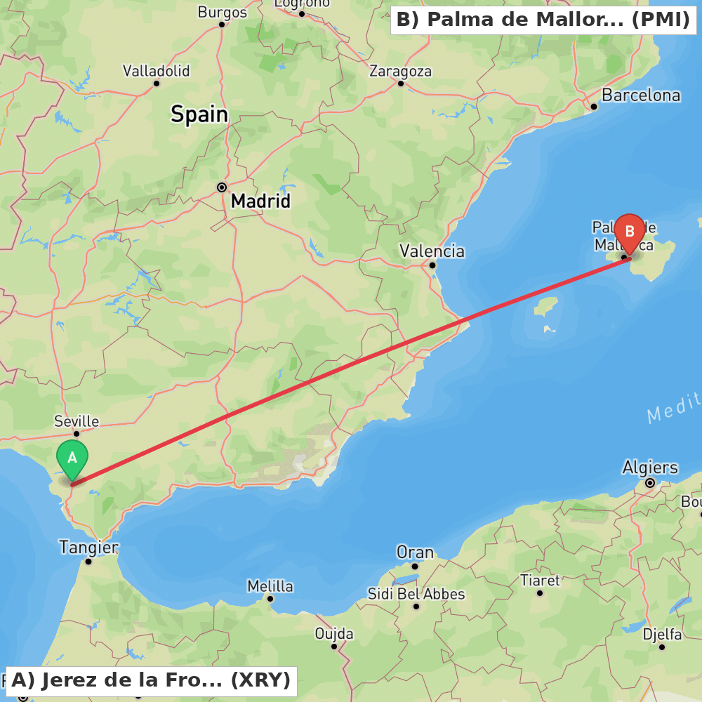 Flight route map from Jerez de la Frontera to Palma de Mallorca