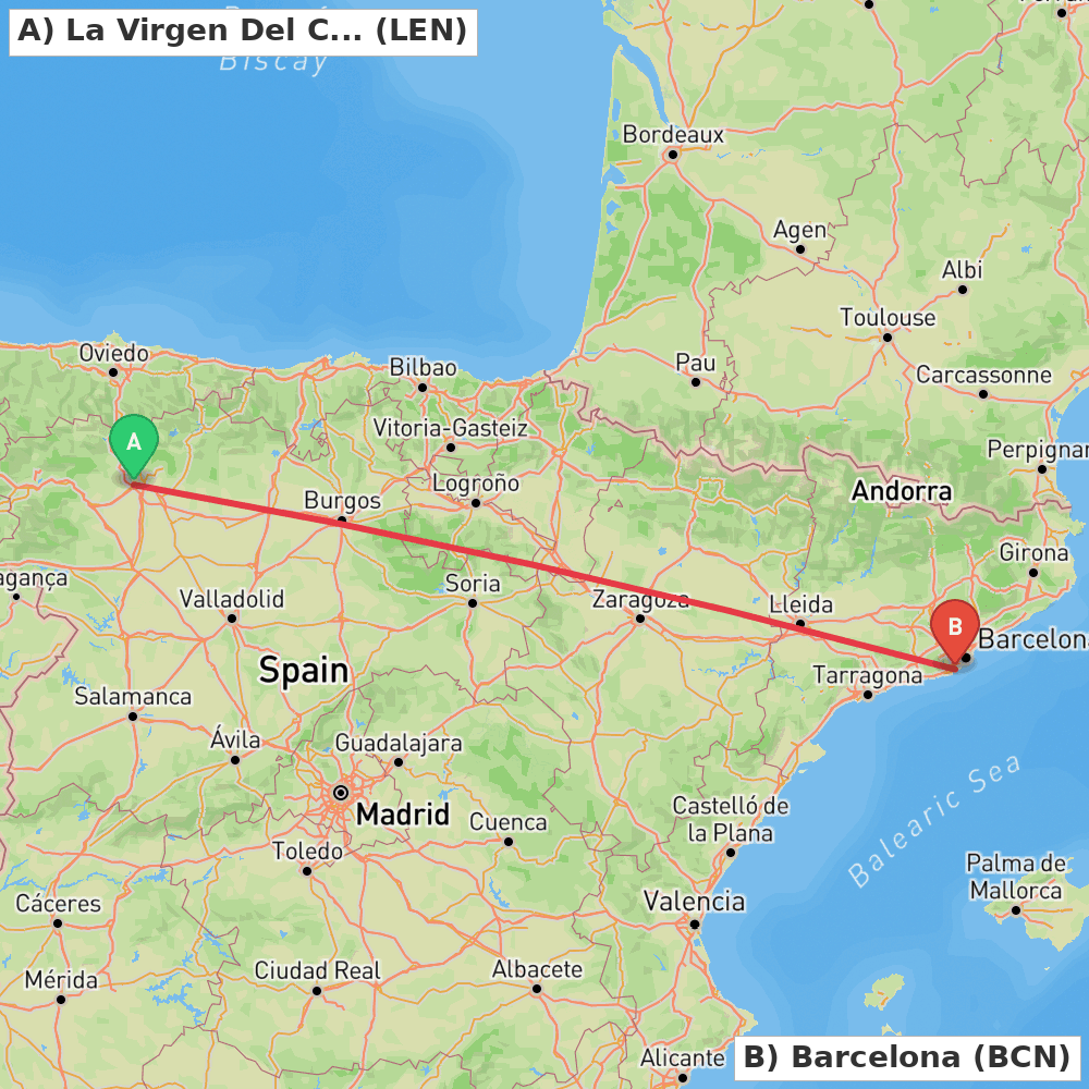 Flight route map from La Virgen Del Camino to Barcelona