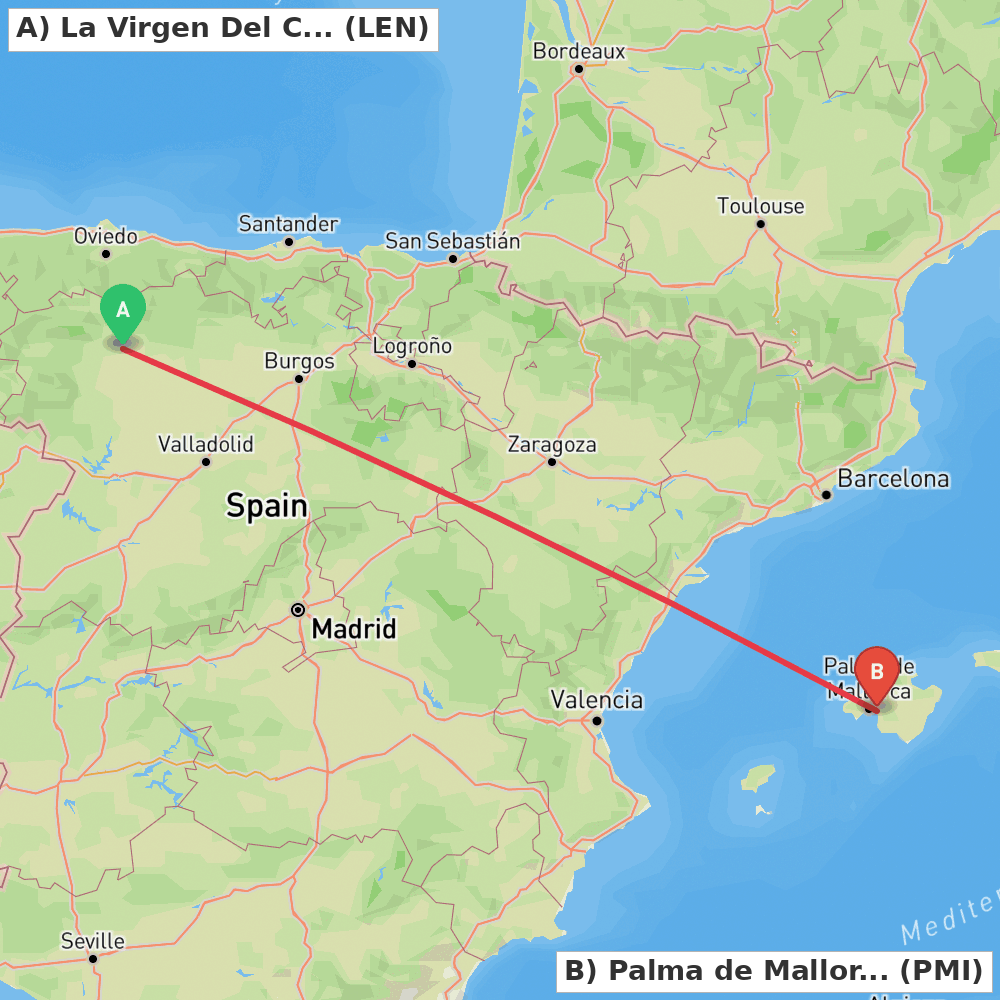 Flight route map from La Virgen Del Camino to Palma de Mallorca