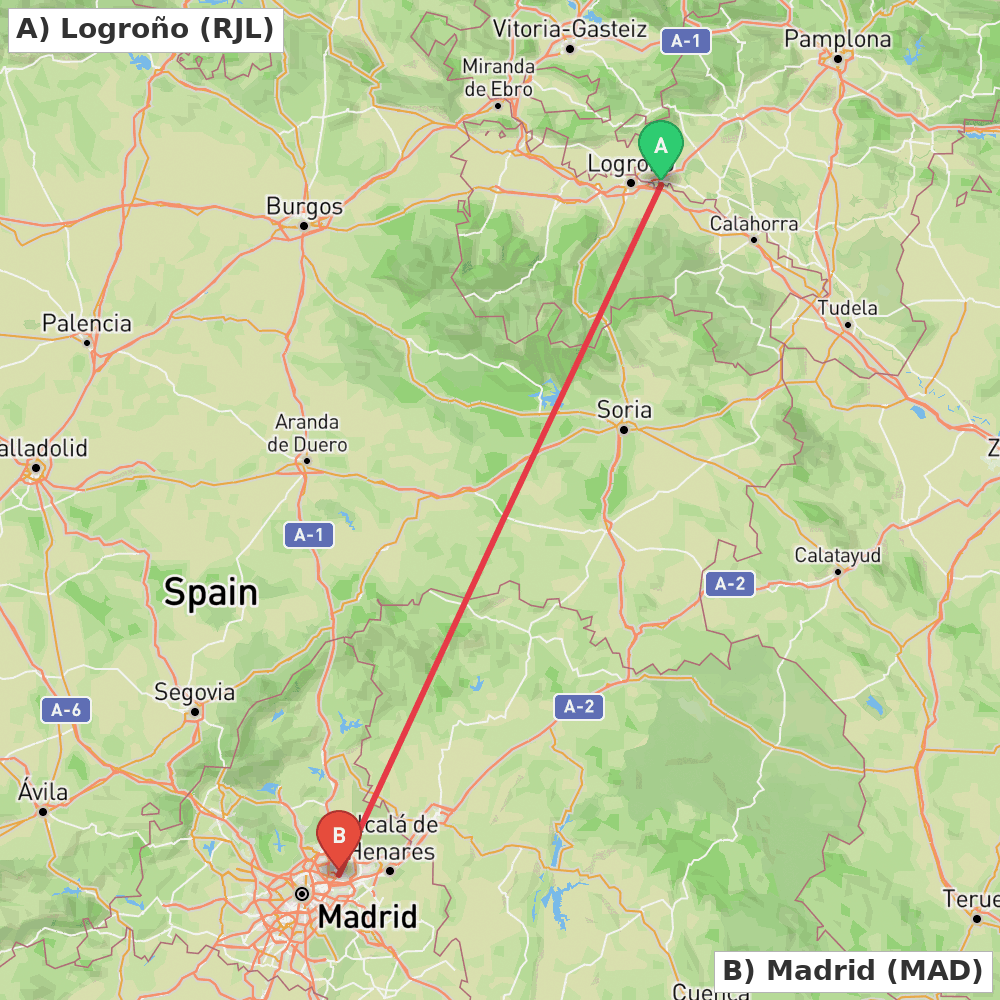 Flight route map from Logroño to Madrid