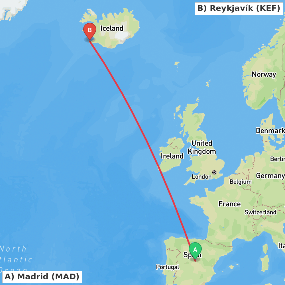 Flight route map from Madrid to Reykjavík