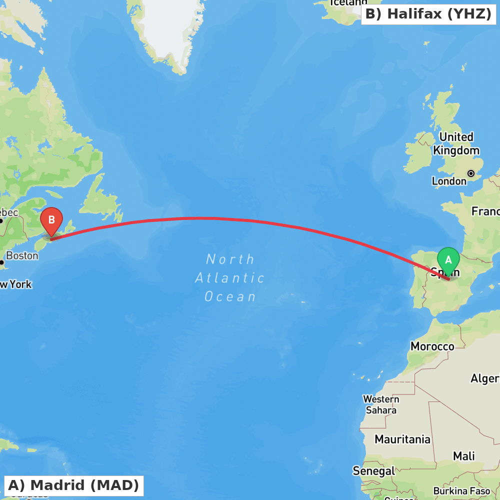 Flight route map from Madrid to Halifax