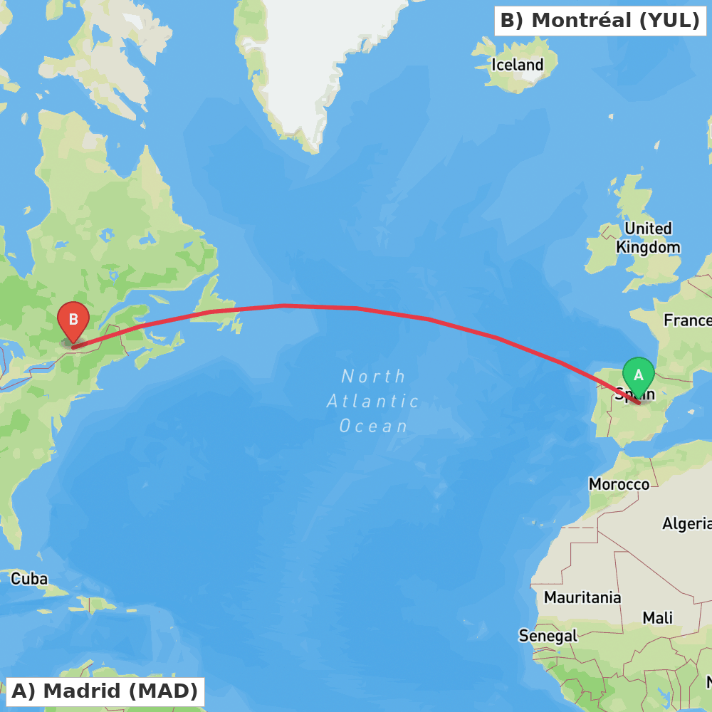 Flight route map from Madrid to Montréal