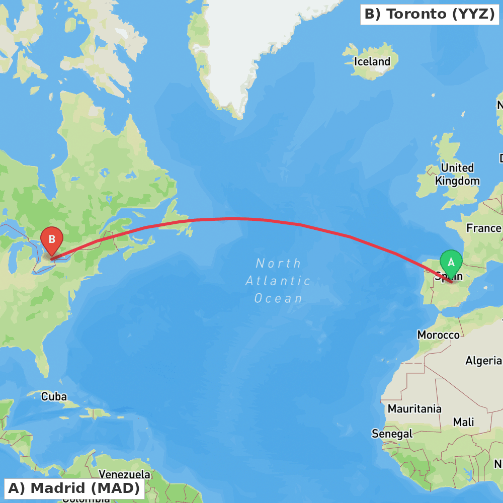 Flight route map from Madrid to Toronto
