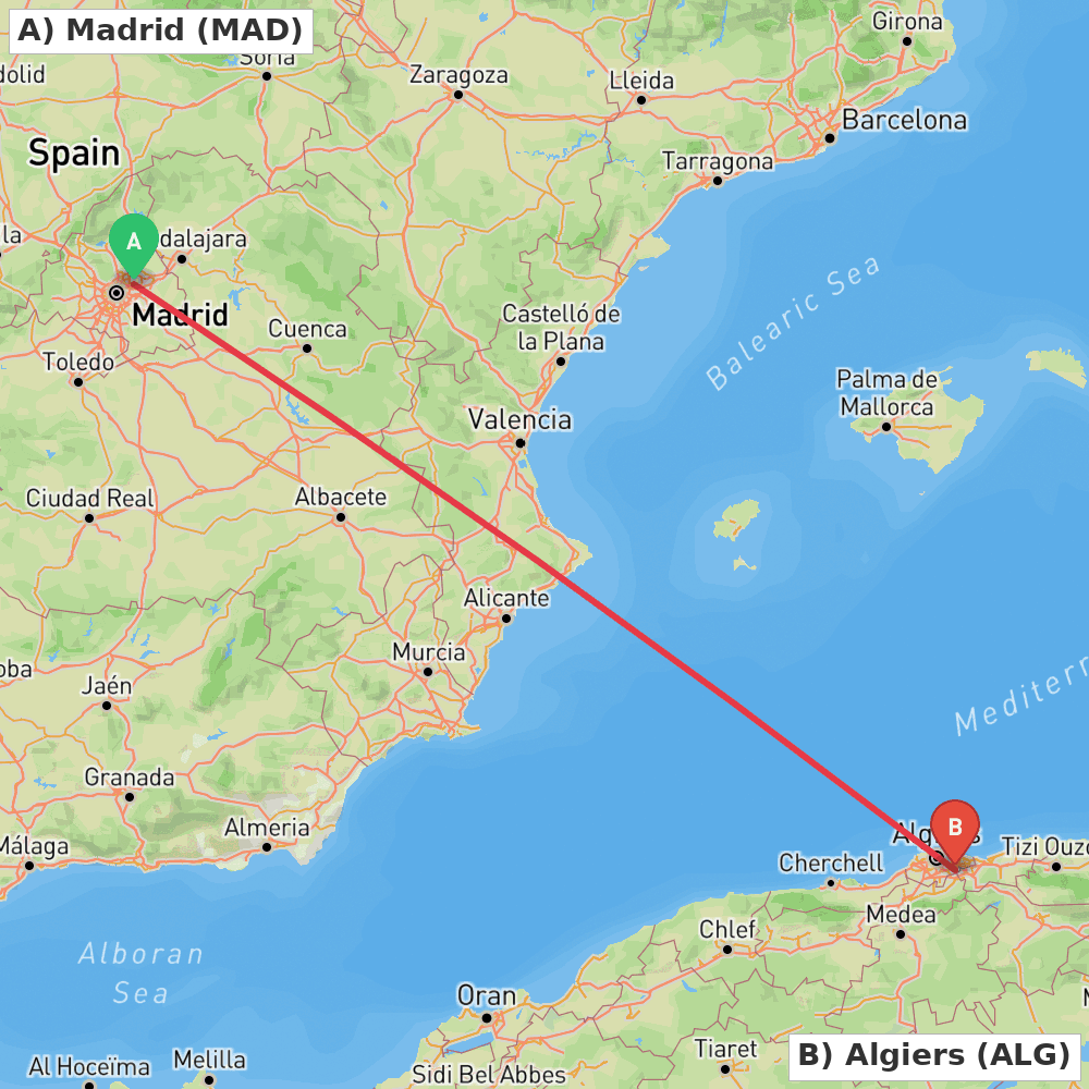 Flight route map from Madrid to Algiers