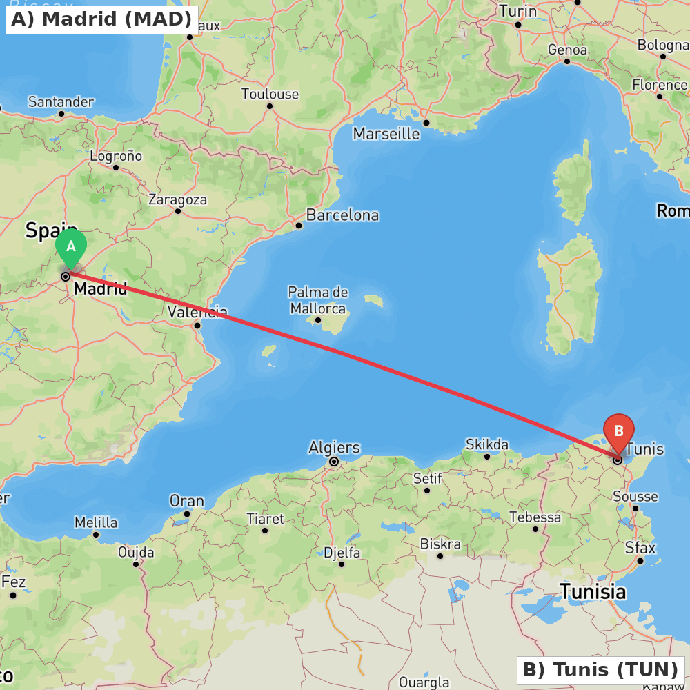 Flight route map from Madrid to Tunis