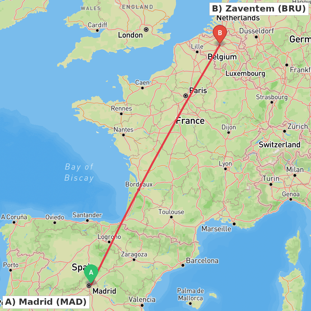 Flight route map from Madrid to Zaventem