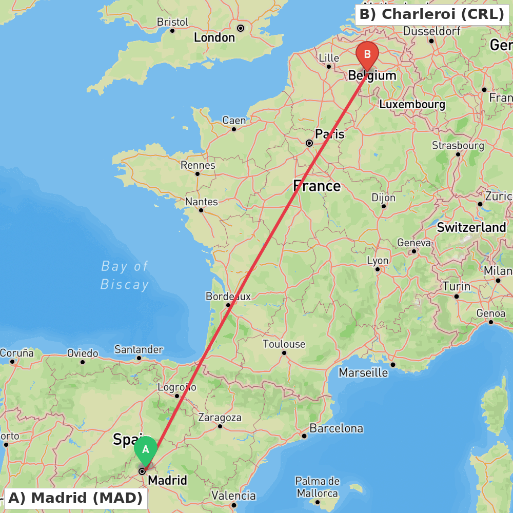 Flight route map from Madrid to Charleroi