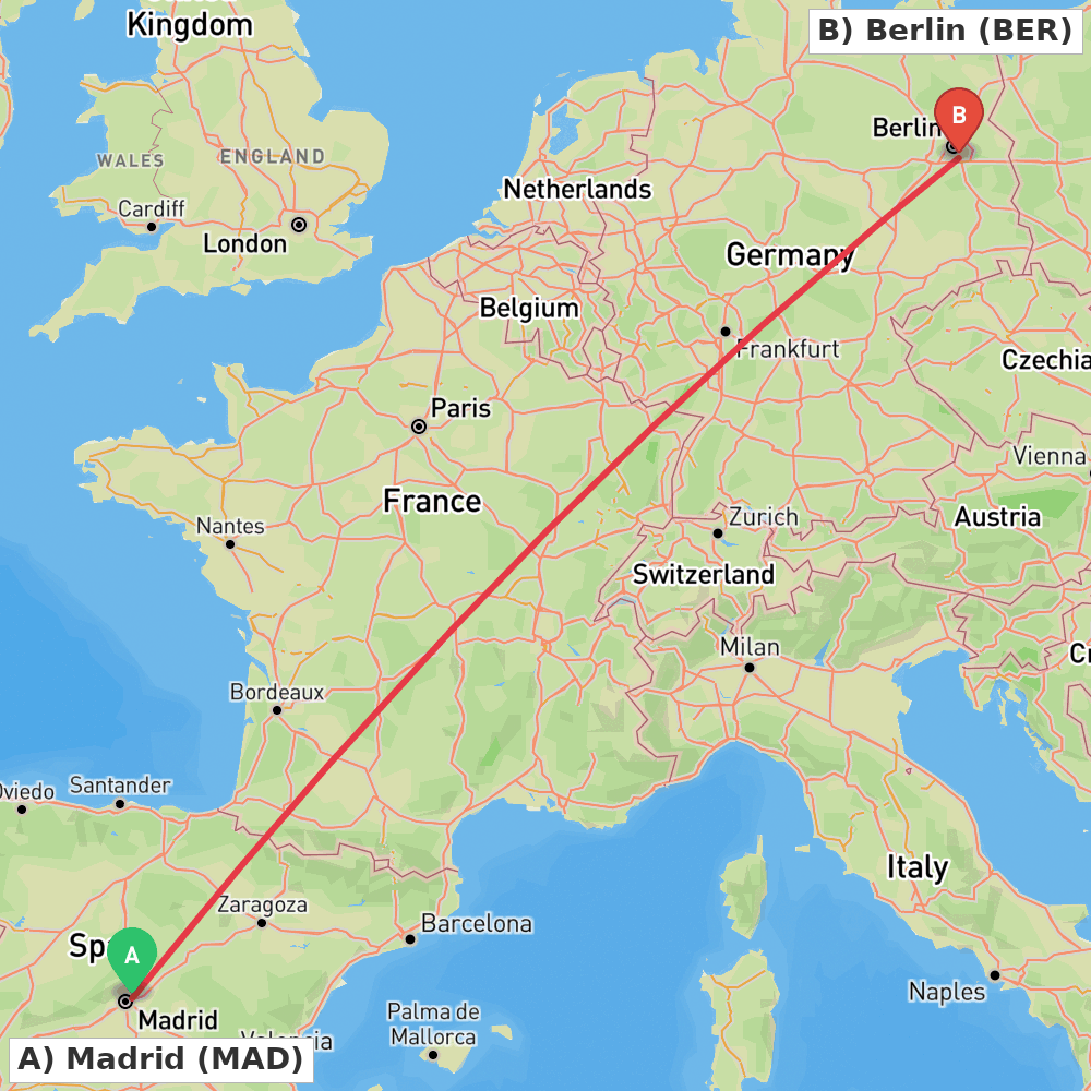 Flight route map from Madrid to Berlin