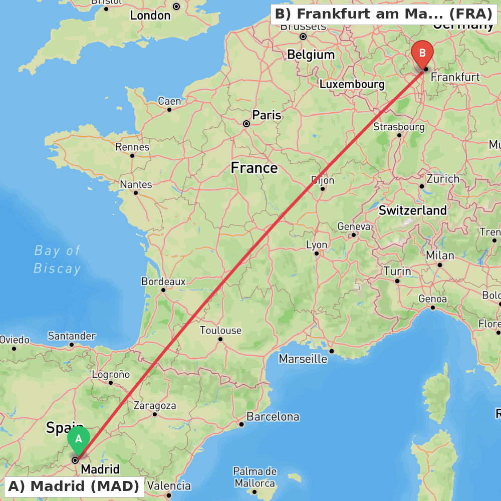 Flight route map from Madrid to Frankfurt am Main