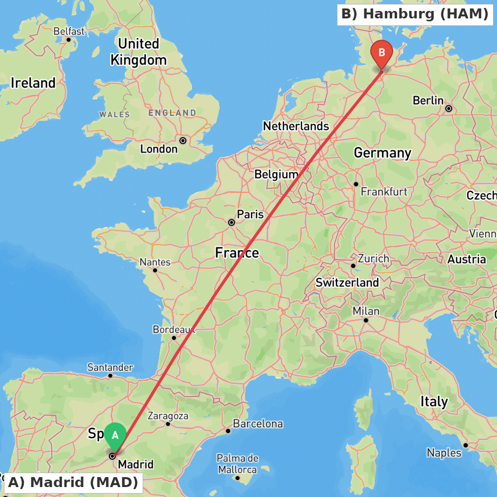 Flight route map from Madrid to Hamburg