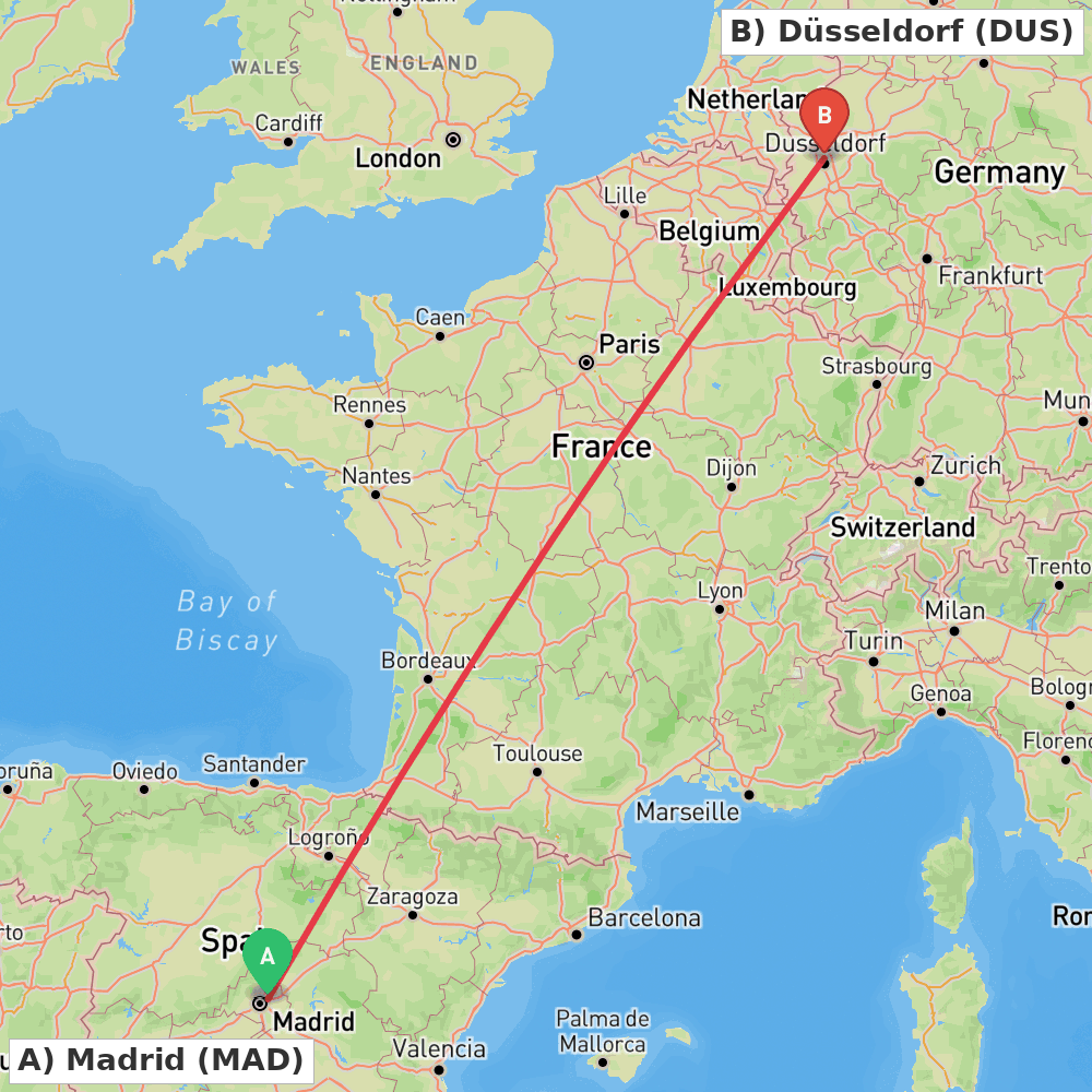 Flight route map from Madrid to Düsseldorf