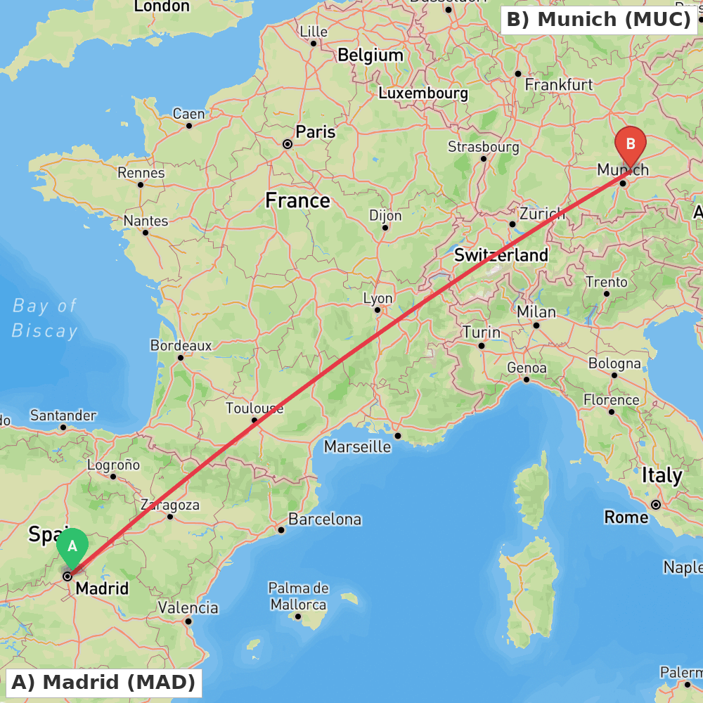 Flight route map from Madrid to Munich