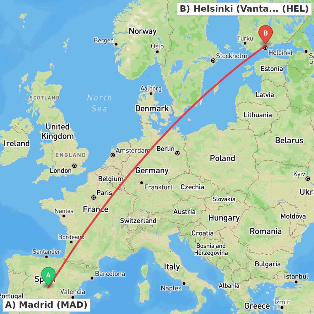 Flight route map from Madrid to Helsinki (Vantaa)