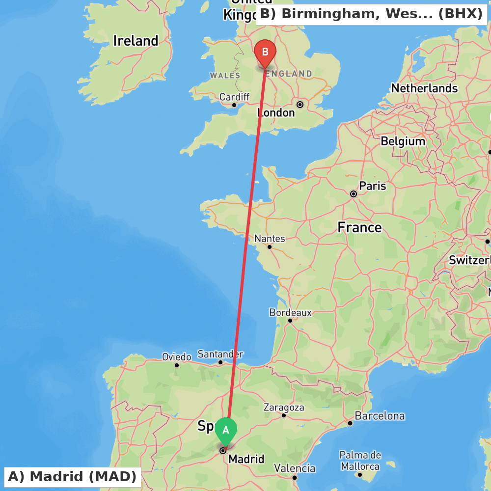 Flight route map from Madrid to Birmingham, West Midlands