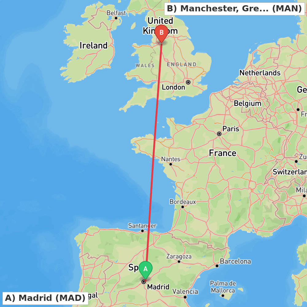 Flight route map from Madrid to Manchester, Greater Manchester