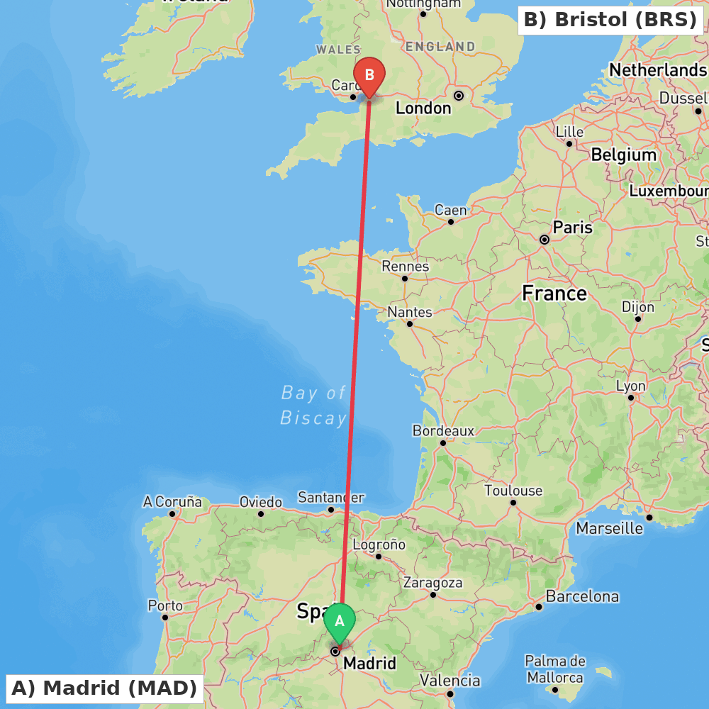 Flight route map from Madrid to Bristol