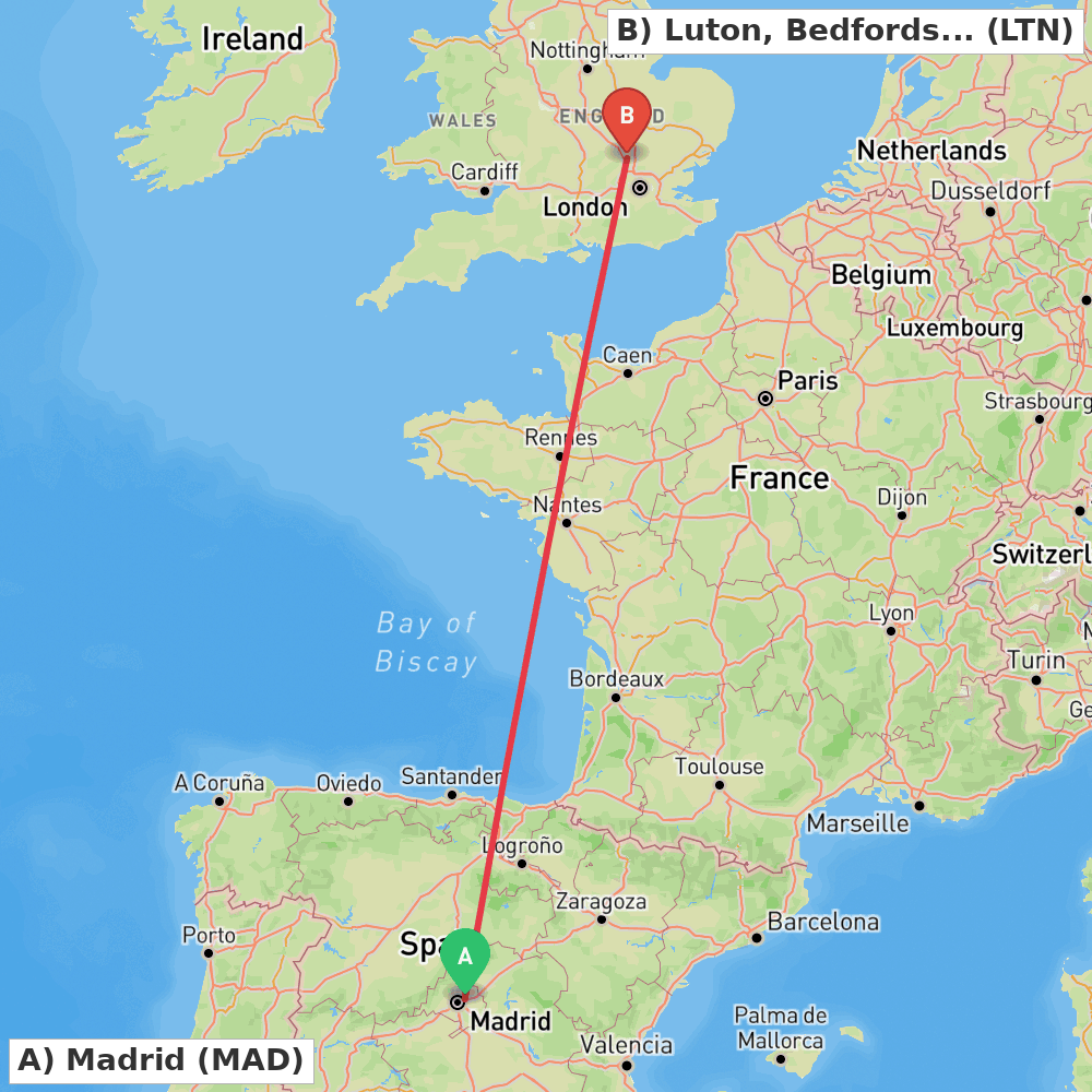 Flight route map from Madrid to Luton, Bedfordshire
