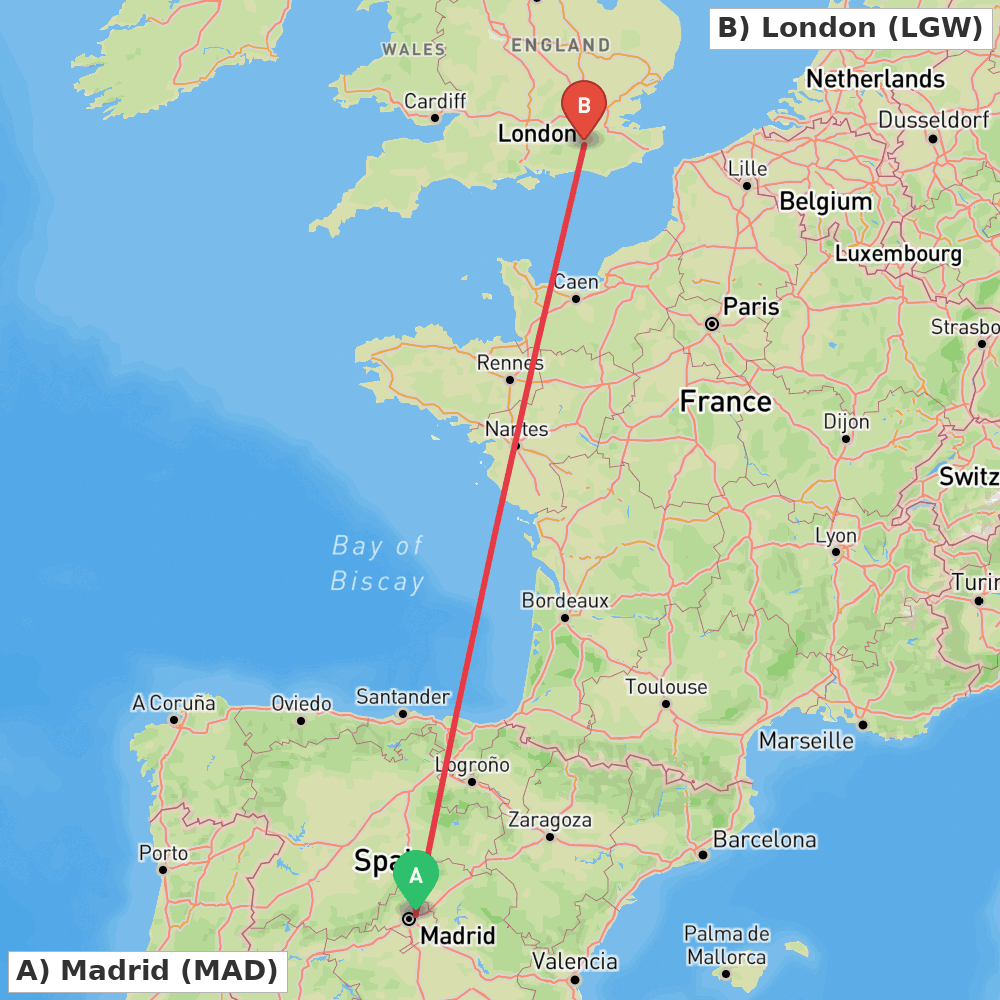Flight route map from Madrid to London