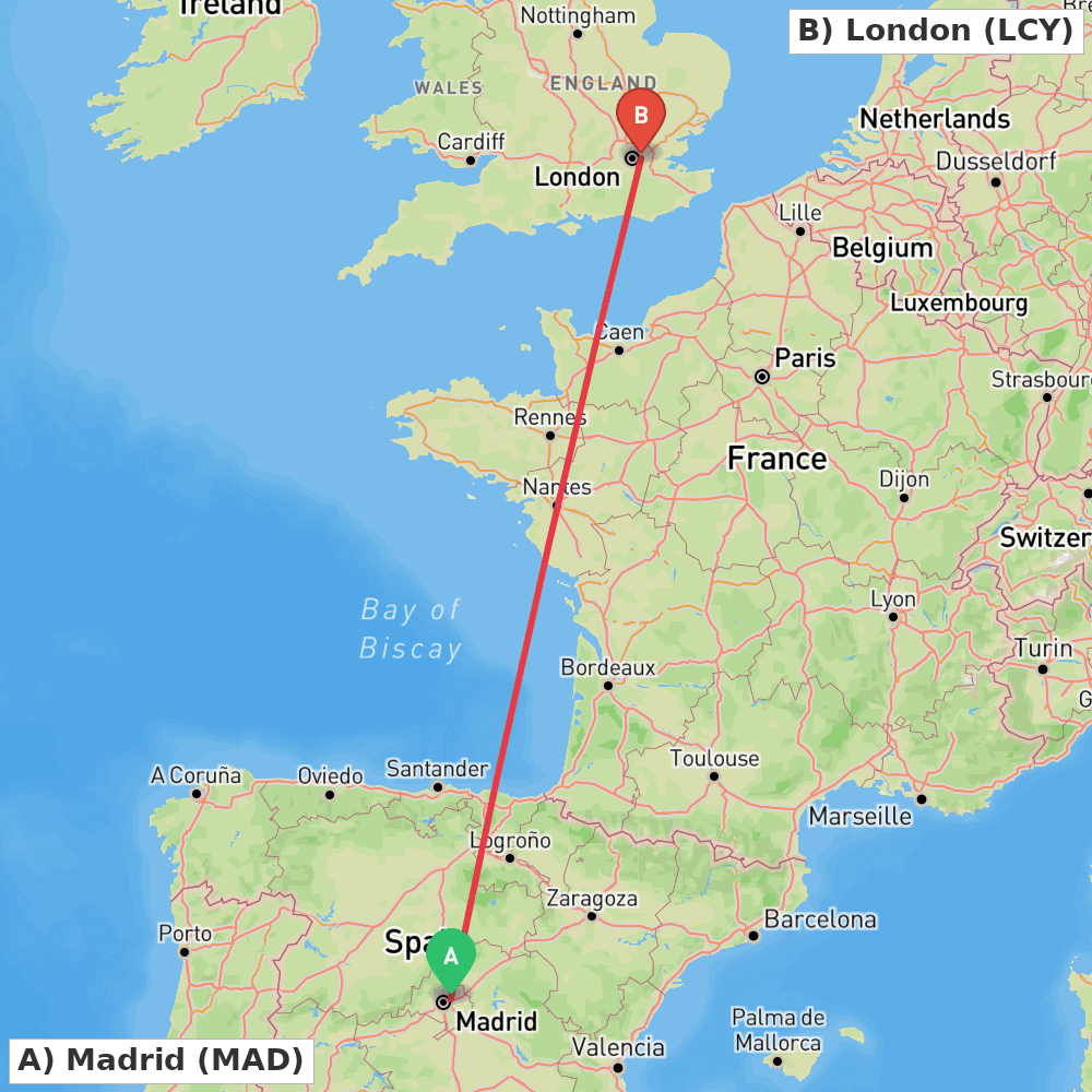 Flight route map from Madrid to London