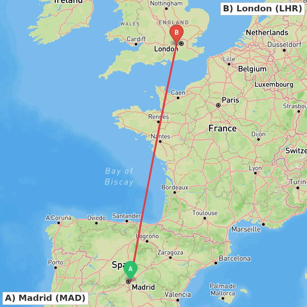 Flight route map from Madrid to London
