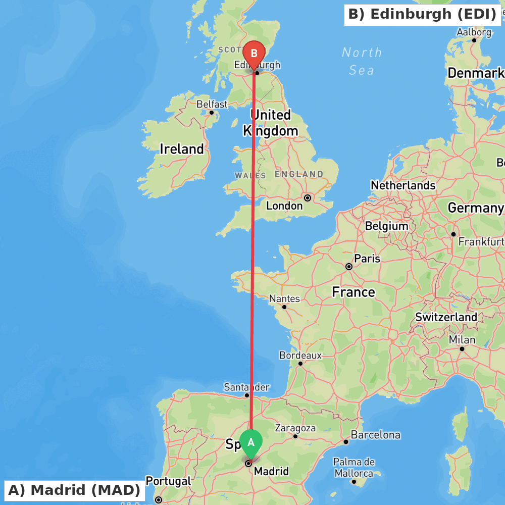 Flight route map from Madrid to Edinburgh