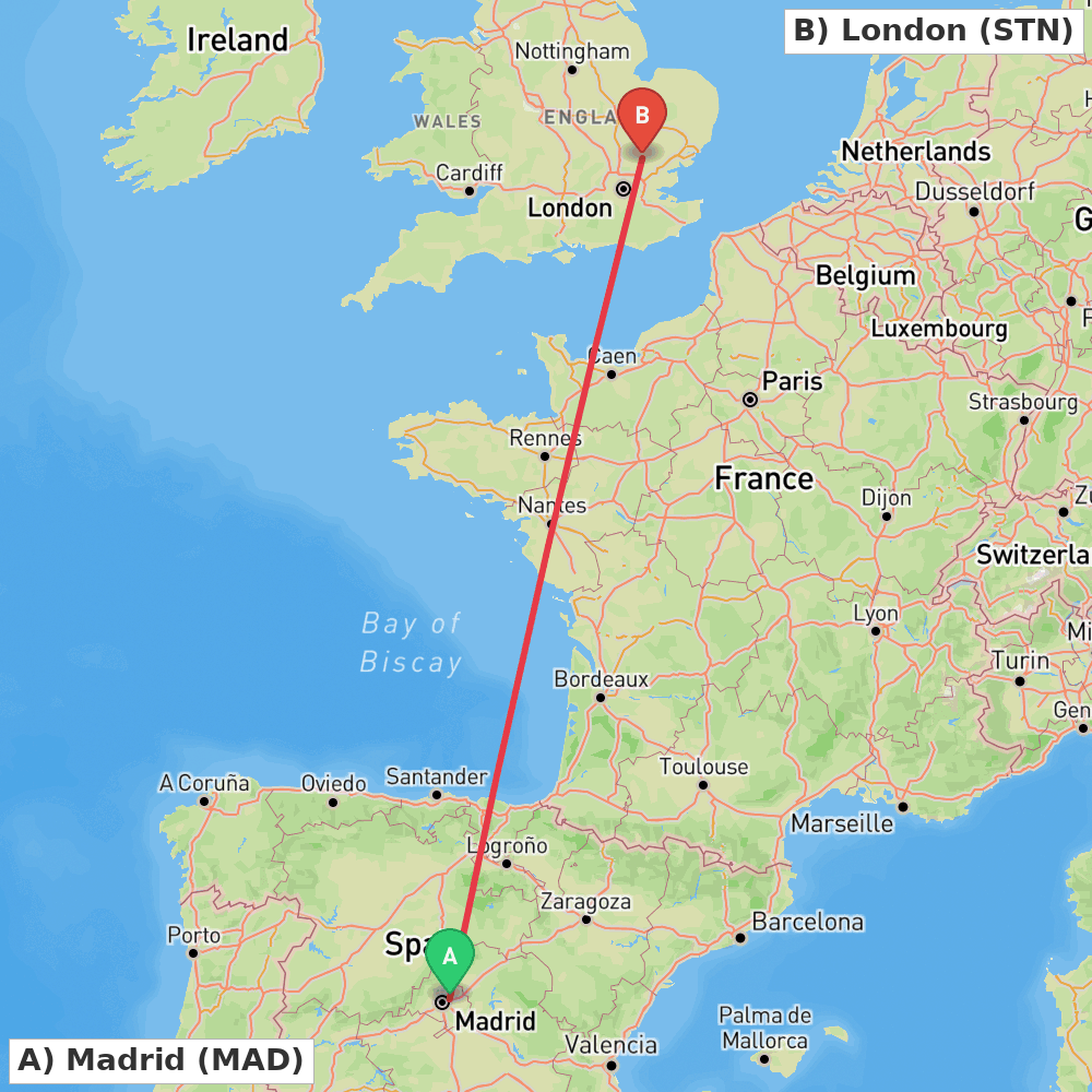 Flight route map from Madrid to London