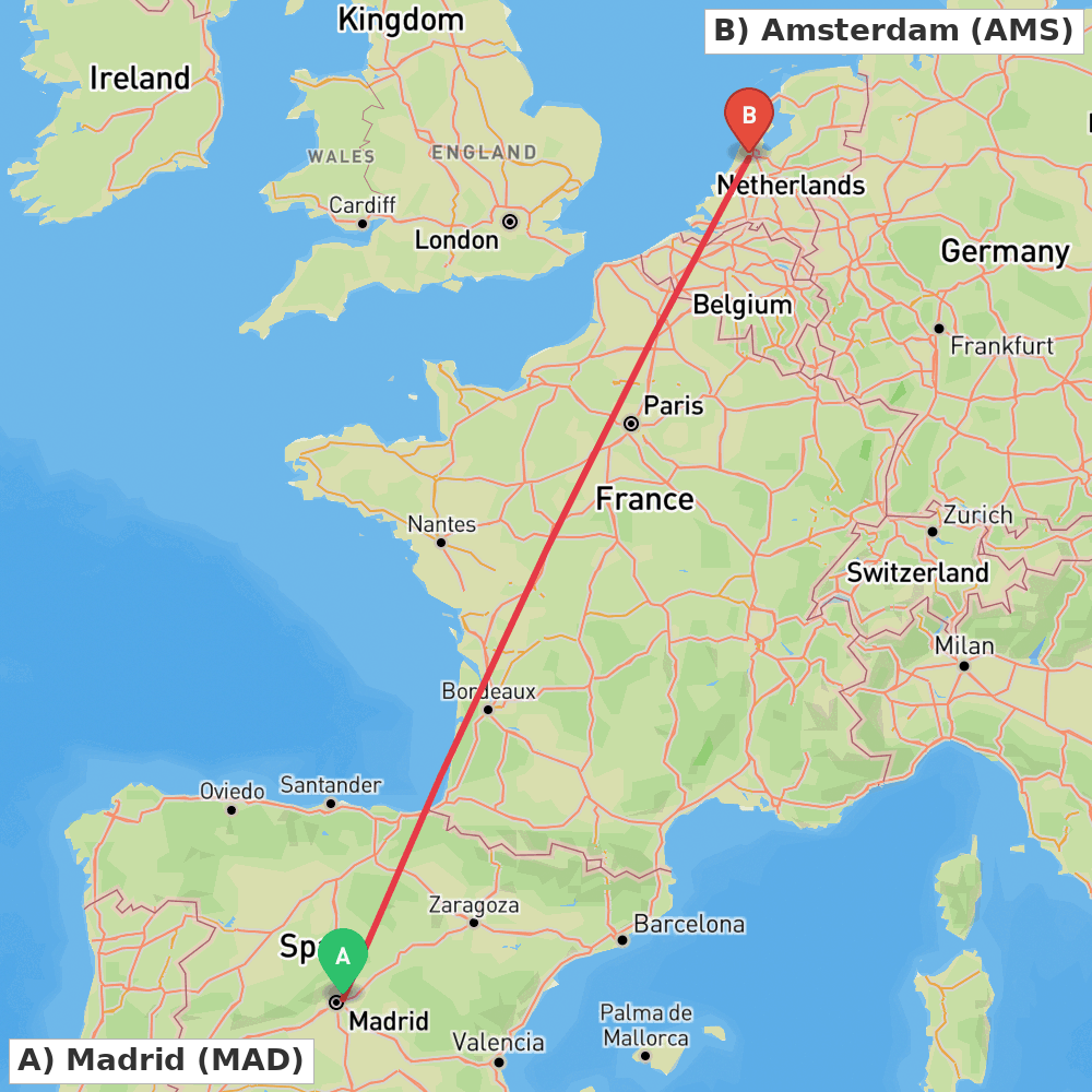 Flight route map from Madrid to Amsterdam