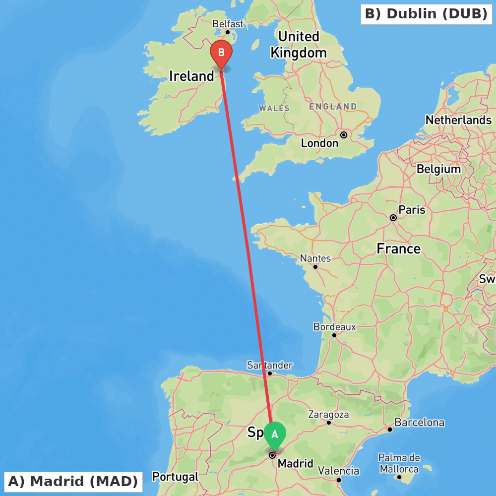 Flight route map from Madrid to Dublin