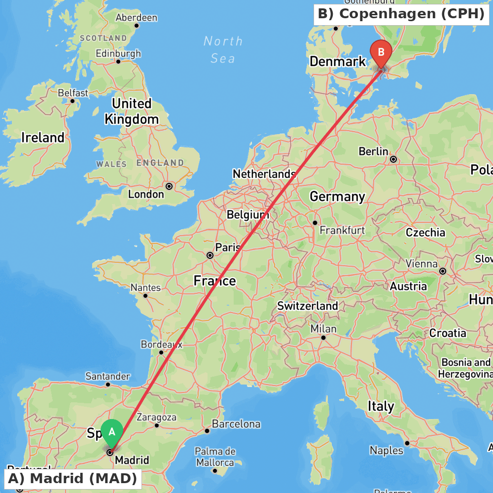 Flight route map from Madrid to Copenhagen
