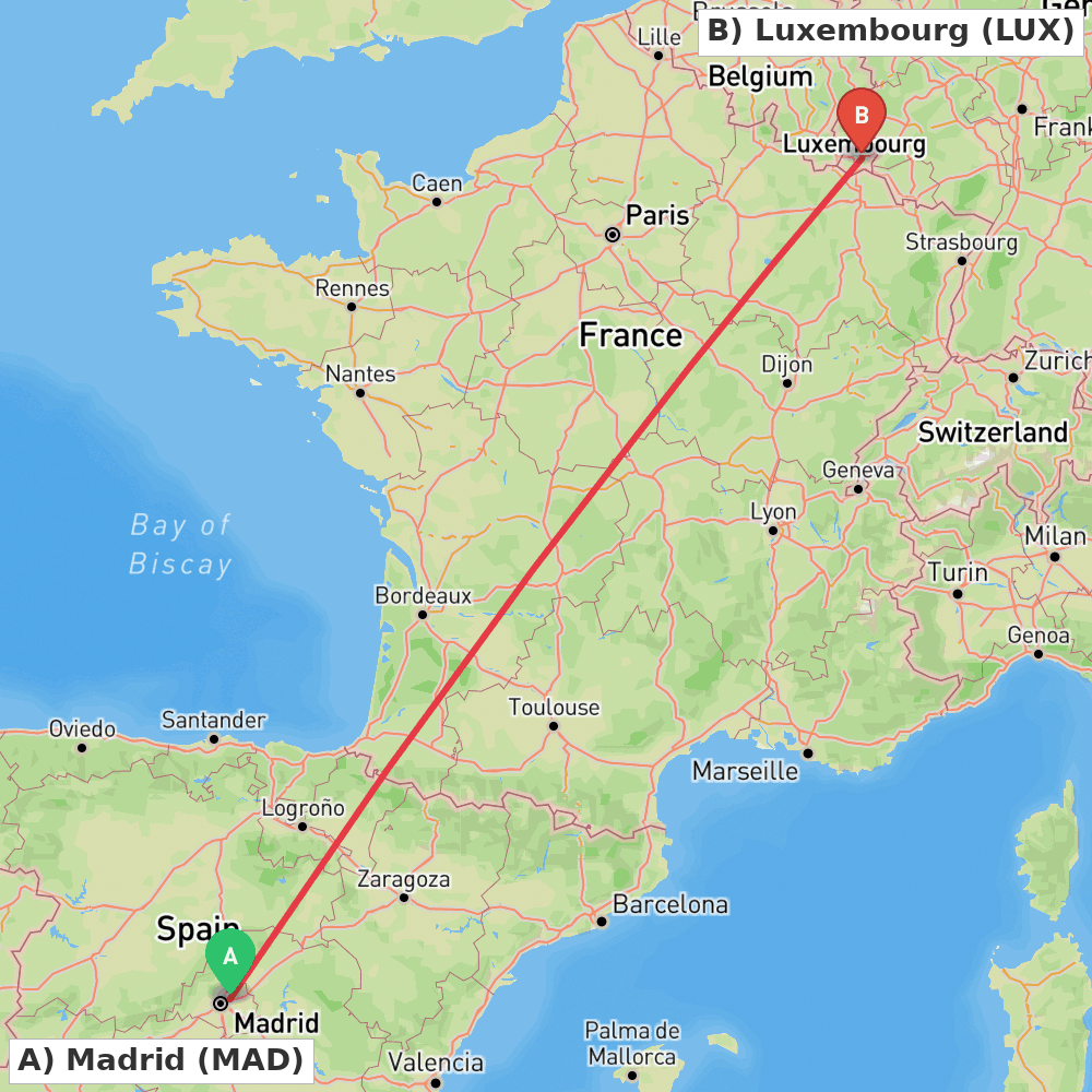 Flight route map from Madrid to Luxembourg