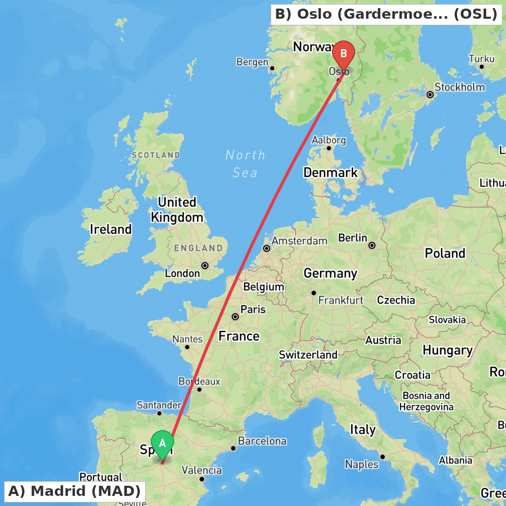 Flight route map from Madrid to Oslo (Gardermoen)