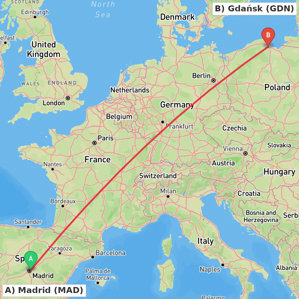 Flight route map from Madrid to Gdańsk