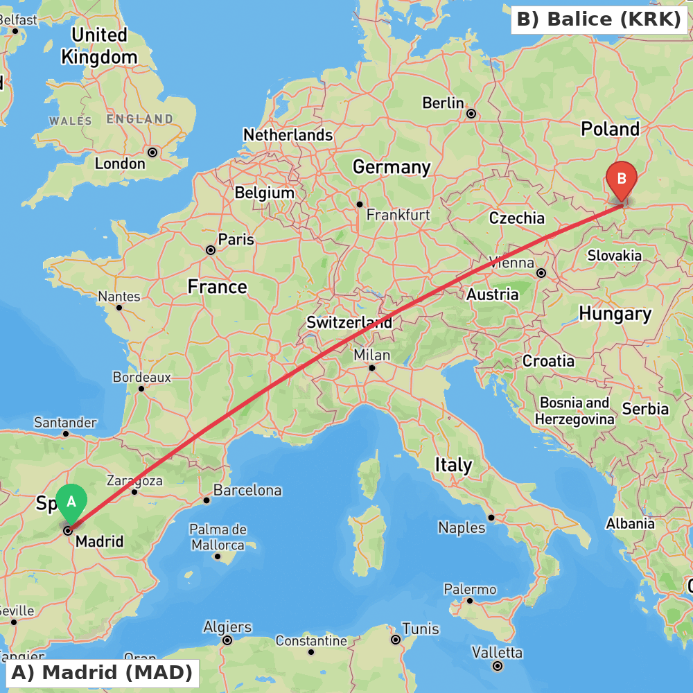 Flight route map from Madrid to Balice
