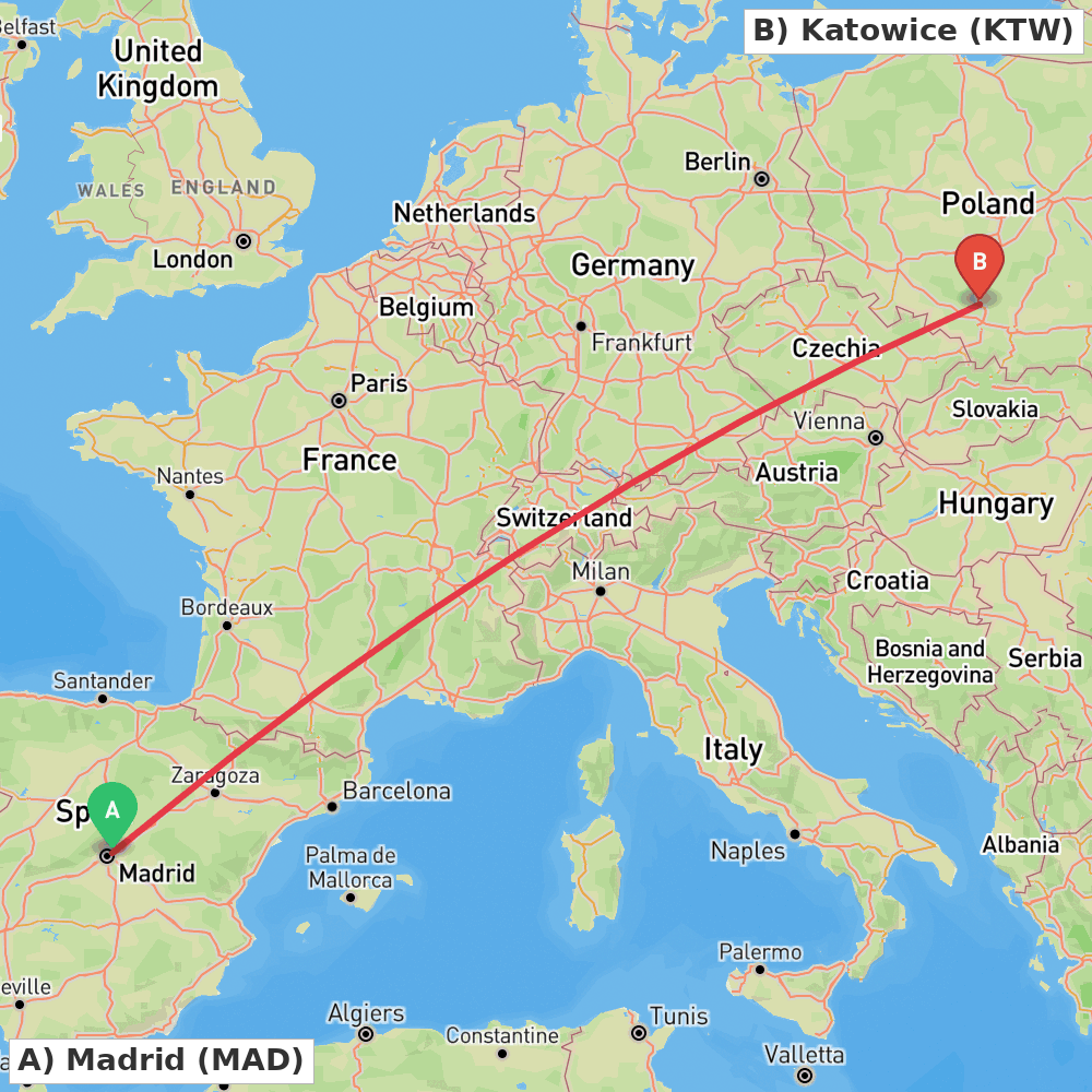 Flight route map from Madrid to Katowice