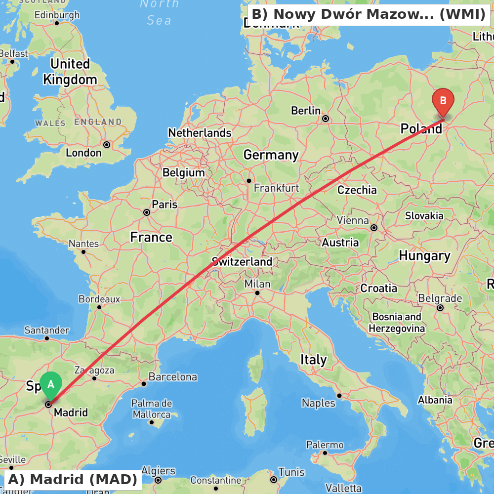 Flight route map from Madrid to Nowy Dwór Mazowiecki