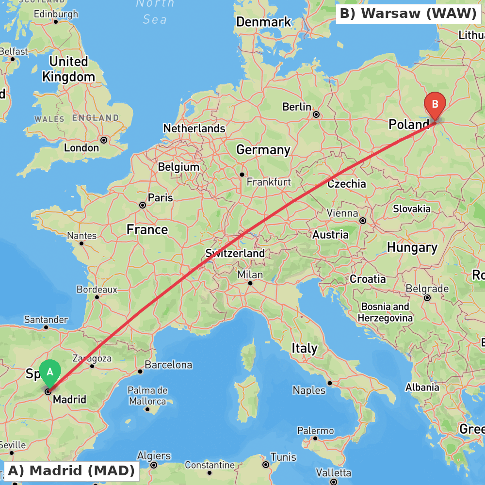 Flight route map from Madrid to Warsaw