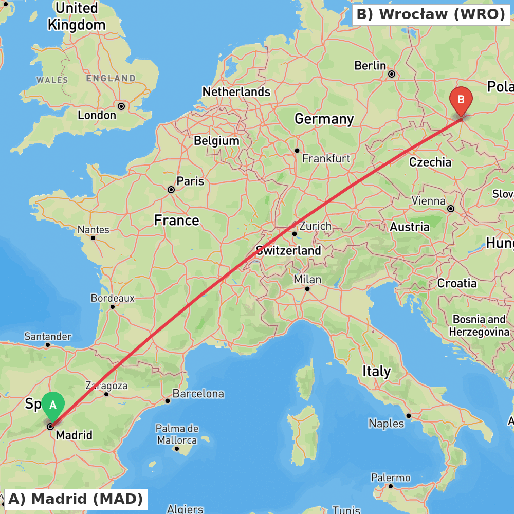Flight route map from Madrid to Wrocław
