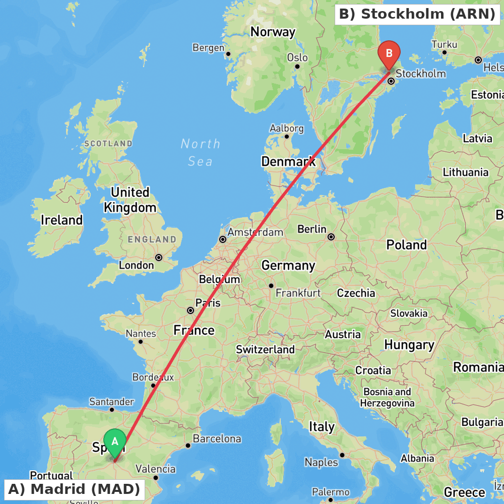 Flight route map from Madrid to Stockholm