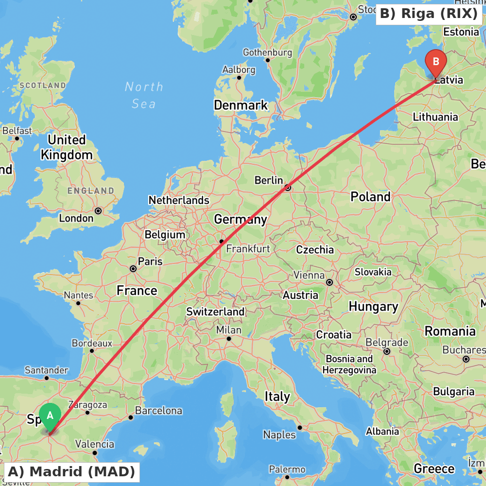 Flight route map from Madrid to Riga