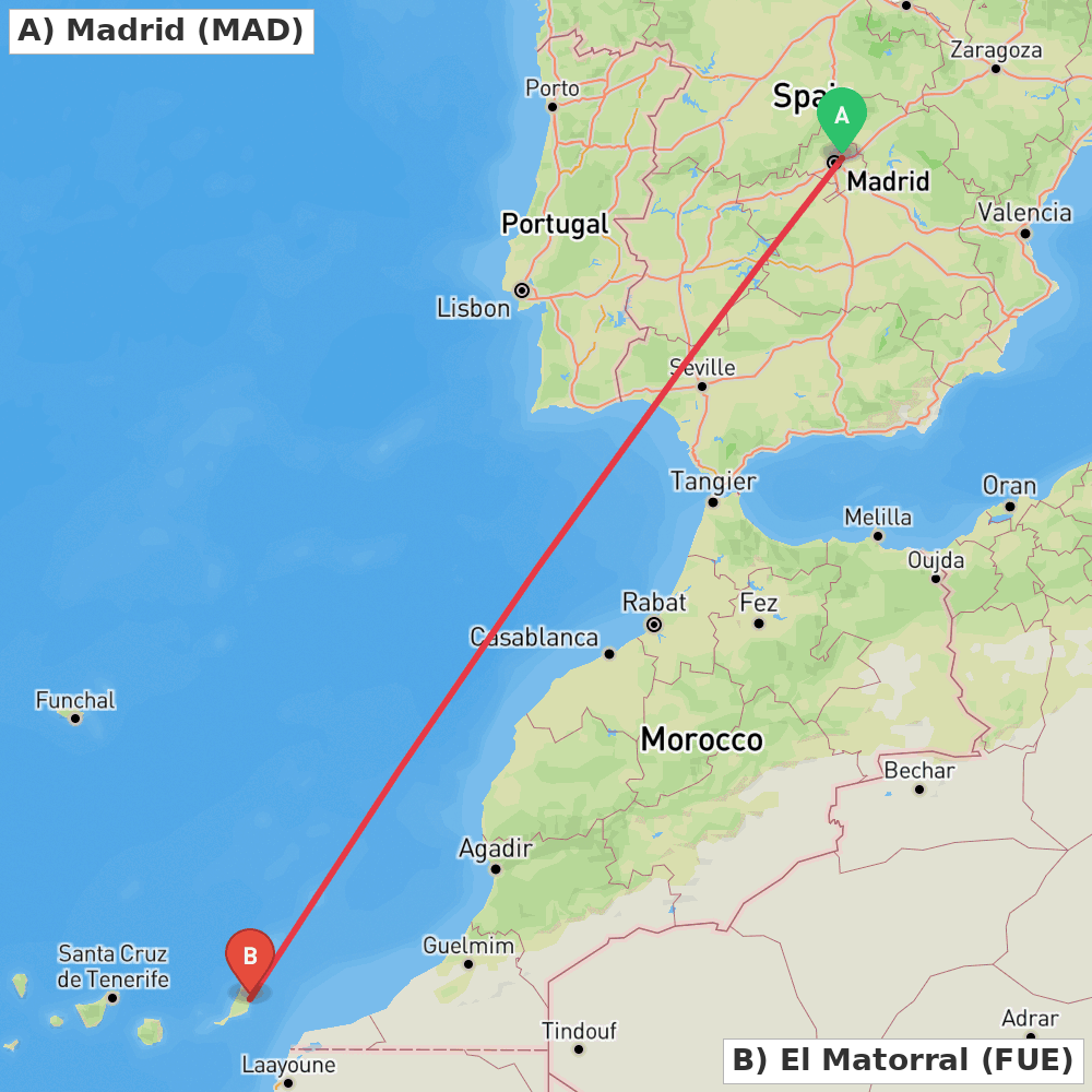 Flight route map from Madrid to El Matorral